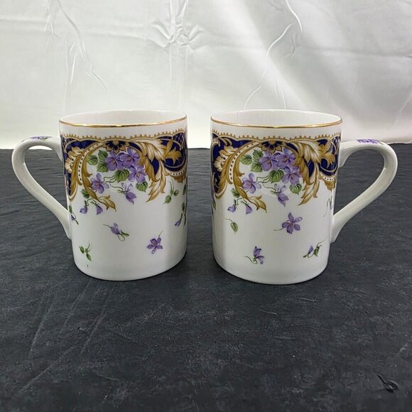 Andrea by Sadek Royal Violets Gold Rim 10 Oz Porcelain Mugs Cups – Set of 2 - Picture 13 of 16